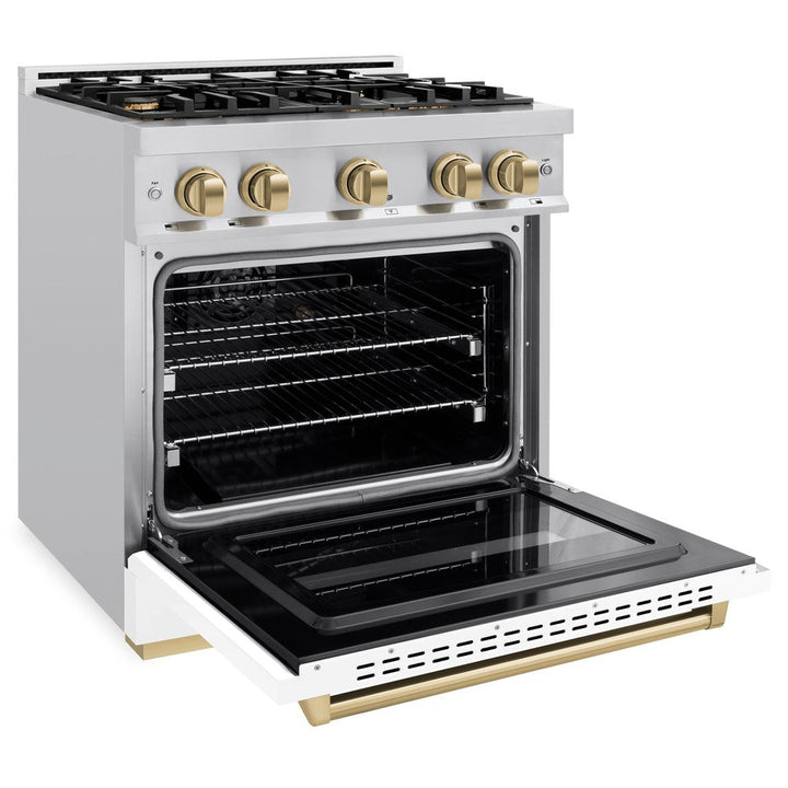 ZLINE Autograph 30" 4.2 cu. ft. Classic Gas Range with 4 Burners in Stainless Steel with White Matte Door and Champagne Bronze Accents, CGRZ-WM-30-CB