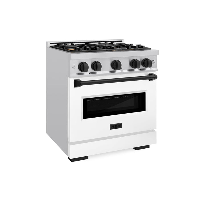 ZLINE Autograph 30" 4.2 cu. ft. Classic Gas Range with 4 Burners in Stainless Steel with White Matte Door and Matte Black Accents, CGRZ-WM-30-MB