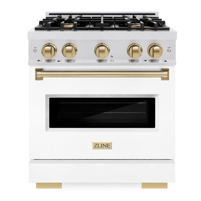 ZLINE Autograph 30" 4.2 cu. ft. Classic Gas Range with 4 Burners in DuraSnow® Stainless Steel with White Matte Door and Champagne Bronze Accents, CGRSZ-WM-30-CB