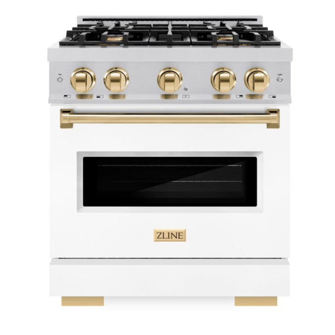 ZLINE Autograph 30" 4.2 cu. ft. Classic Gas Range with 4 Burners in DuraSnow® Stainless Steel with White Matte Door and Polished Gold Accents, CGRSZ-WM-30-G