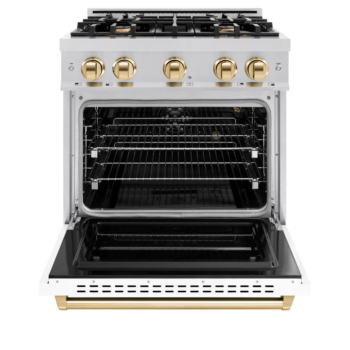 ZLINE Autograph 30" 4.2 cu. ft. Classic Gas Range with 4 Burners in DuraSnow® Stainless Steel with White Matte Door and Polished Gold Accents, CGRSZ-WM-30-G