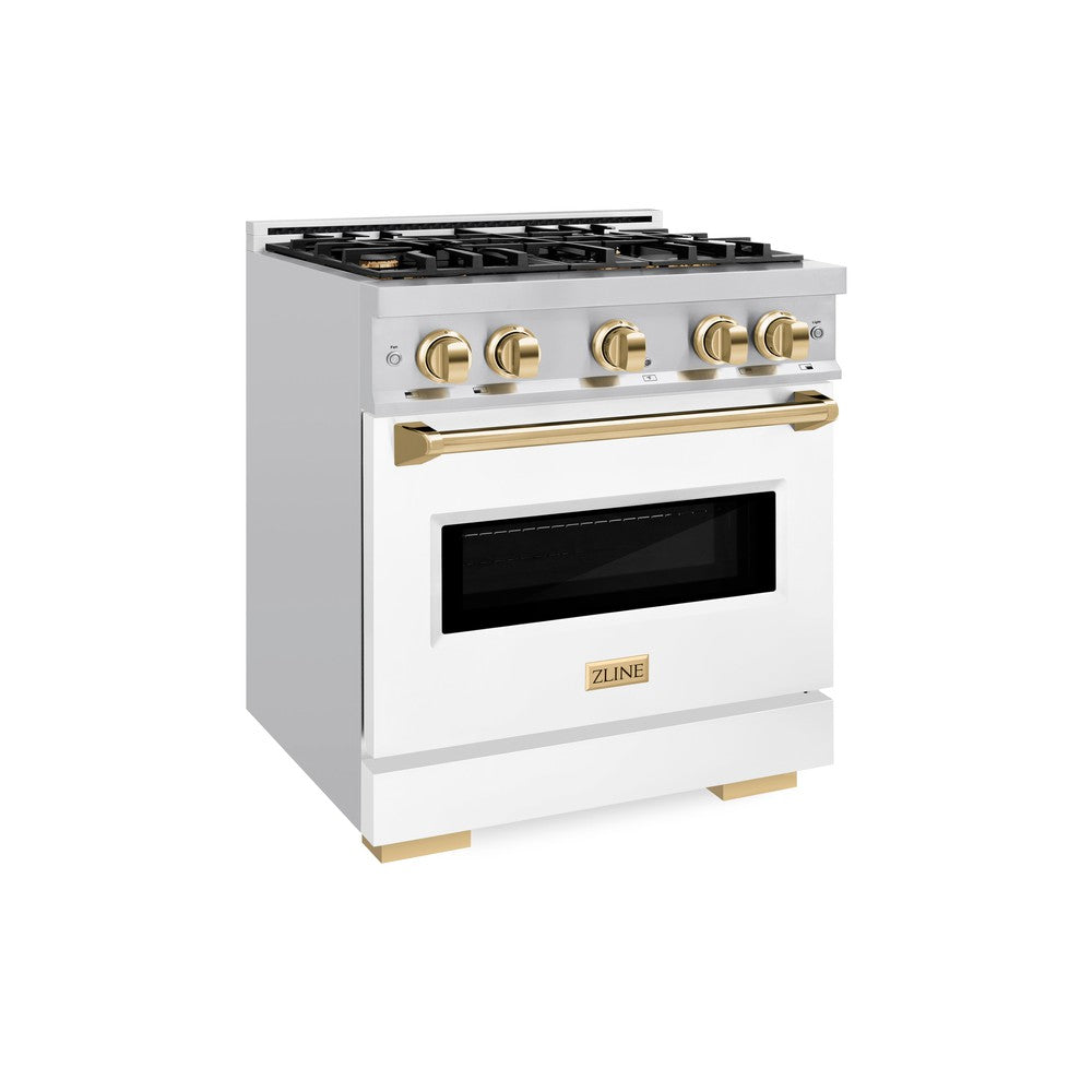 ZLINE Autograph 30" 4.2 cu. ft. Classic Gas Range with 4 Burners in DuraSnow® Stainless Steel with White Matte Door and Polished Gold Accents, CGRSZ-WM-30-G