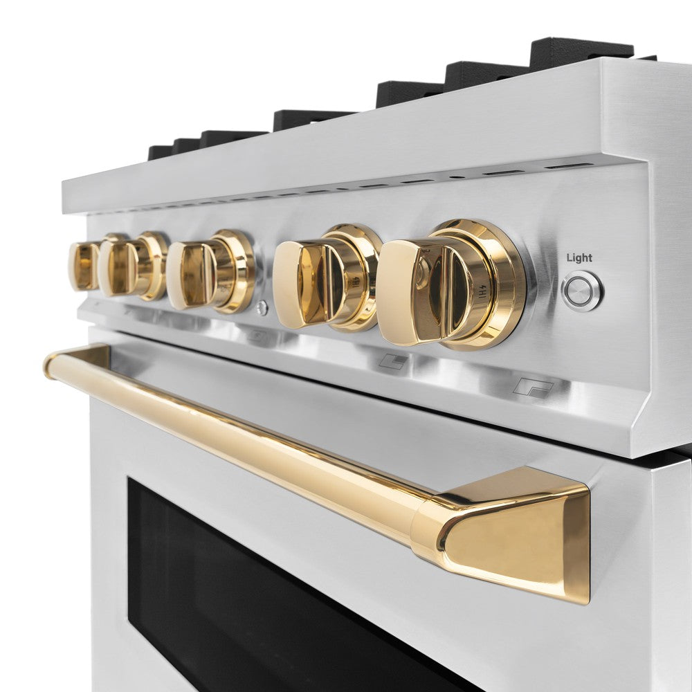 ZLINE Autograph 30" 4.2 cu. ft. Classic Gas Range with 4 Burners in Stainless Steel and Polished Gold Accents, CGRZ-30-G