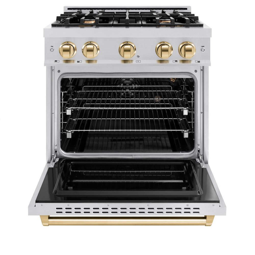 ZLINE Autograph 30" 4.2 cu. ft. Classic Gas Range with 4 Burners in Stainless Steel and Polished Gold Accents, CGRZ-30-G