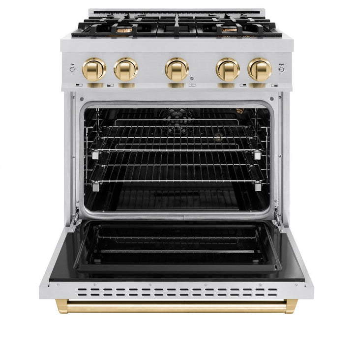 ZLINE Autograph 30" 4.2 cu. ft. Classic Gas Range with 4 Burners in Stainless Steel and Polished Gold Accents, CGRZ-30-G