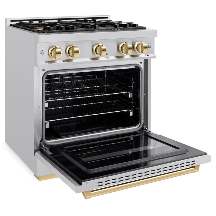 ZLINE Autograph 30" 4.2 cu. ft. Classic Gas Range with 4 Burners in Stainless Steel and Polished Gold Accents, CGRZ-30-G