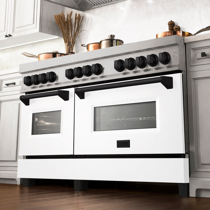 ZLINE 60" Autograph Edition Gas Burner, Electric Oven in DuraSnow® Stainless Steel with White Matte Door and Black Accents, RASZ-WM-60-MB