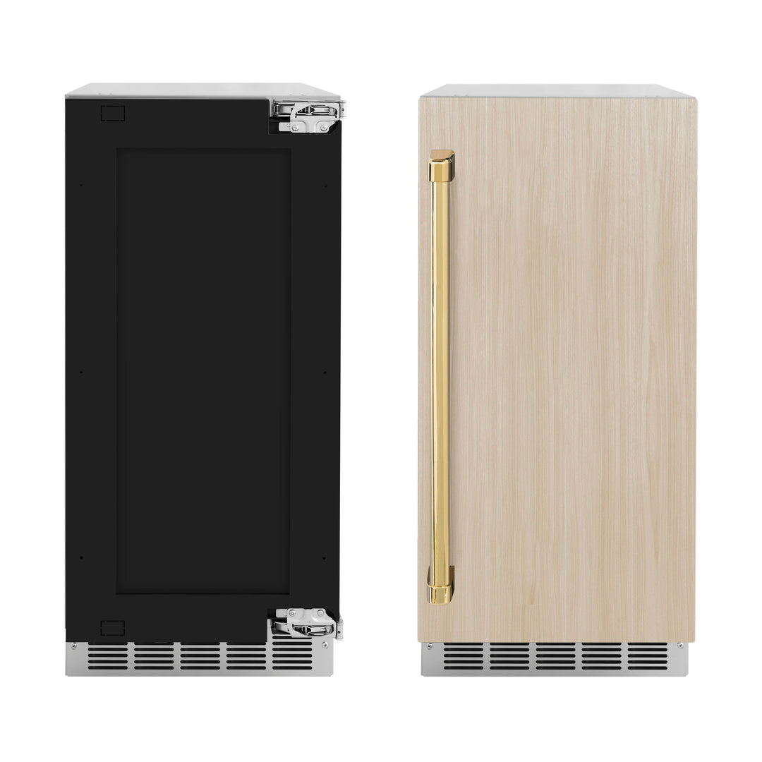 ZLINE Autograph 15" Touchstone Clear Cube Ice Maker with Drain Pump and Panel Ready Door with Polished Gold Handle, ICCDPZ-15-G