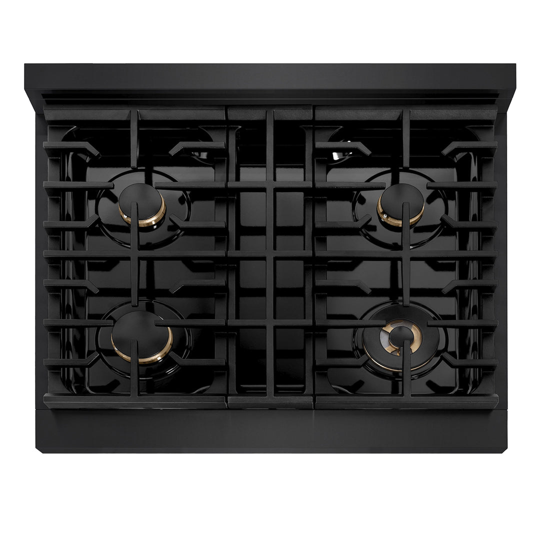 ZLINE Paramount 30" Gas Rangetop with 4 Brass Burners and Porcelain Cooktop in Black Stainless Steel, SRTB-BR-30