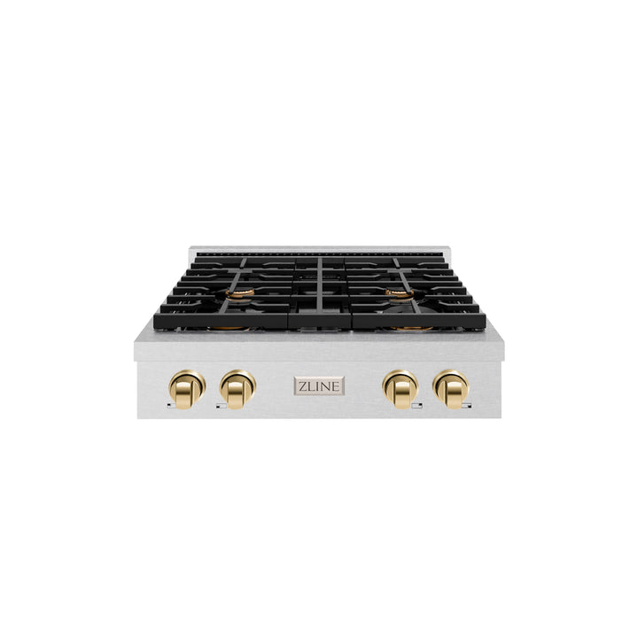 ZLINE Autograph 30" Paramount Gas Rangetop with 4 Burners and Porcelain Cooktop in DuraSnow® Stainless Steel with Polished Gold Accents, SRTSZ-30-G
