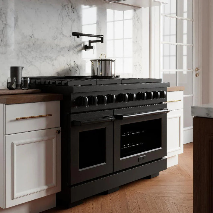 ZLINE Appliance Package - 48" Dual Fuel Range, Range Hood, 36" Refrigerator with Ice Maker, 24" Microwave Drawer and Dishwasher in Black Stainless Steel
