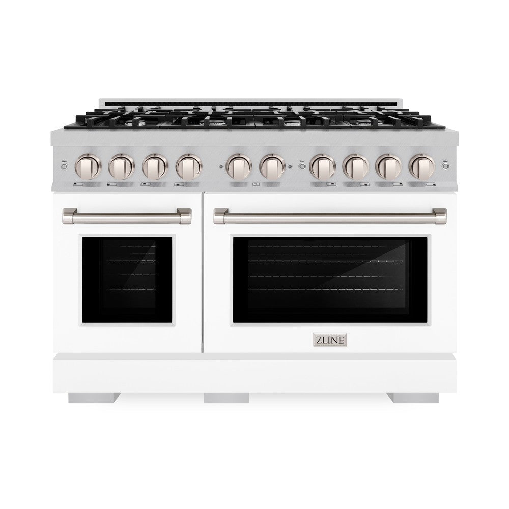 ZLINE 48" 6.7 cu. ft. Select Double Oven Dual Fuel Range with 8 Burners in DuraSnow® Stainless Steel with White Matte Doors, HDRS-WM-48