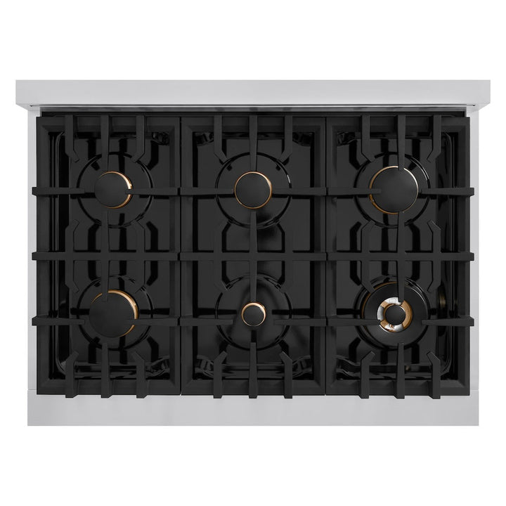 ZLINE Autograph 36" 5.2 cu. ft. Select Gas Range with 6 Burners in Stainless Steel and Matte Black Accents, HGRZ-36-MB