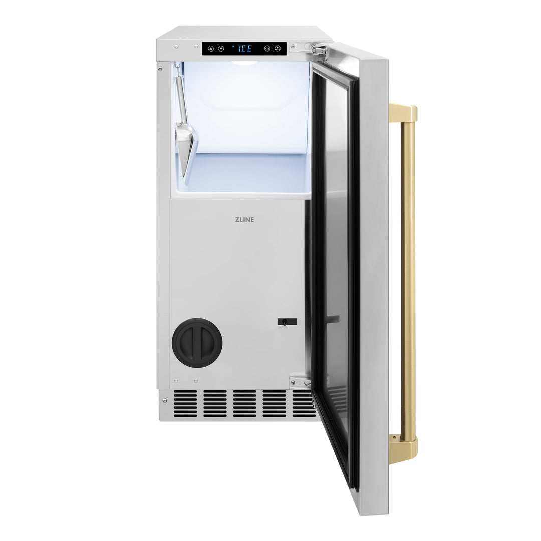 ZLINE Autograph 15" Touchstone Clear Cube Ice Maker with Drain Pump and Solid Stainless Steel Door with Champagne Bronze Handle, ICCDZ-ST-15-CB