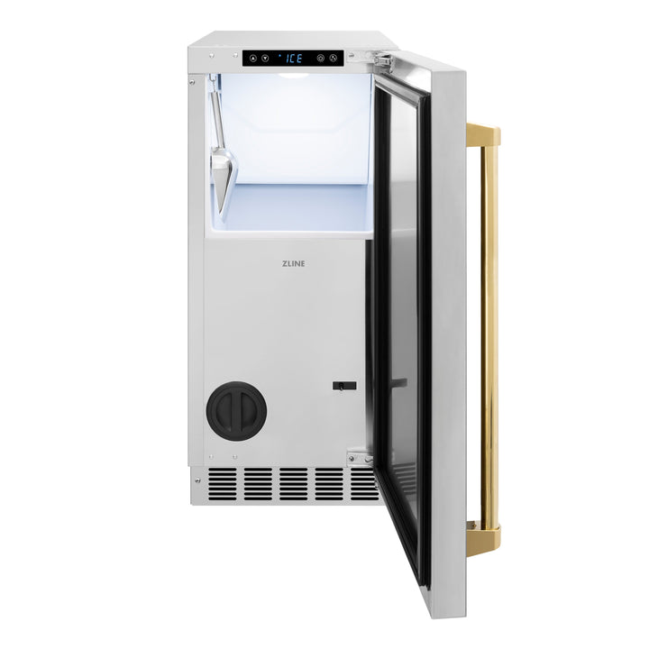 ZLINE Autograph 15" Touchstone Clear Cube Ice Maker with Drain Pump and Solid Stainless Steel Door with Polished Gold Handle, ICCDZ-ST-15-G