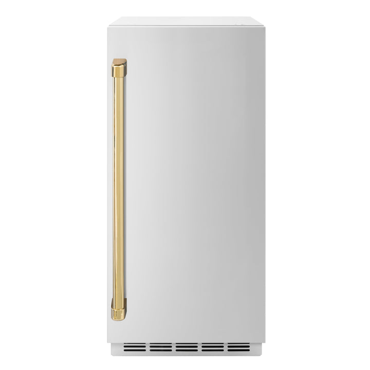 ZLINE Autograph 15" Touchstone Clear Cube Ice Maker with Drain Pump and Solid Stainless Steel Door with Polished Gold Handle, ICCDZ-ST-15-G