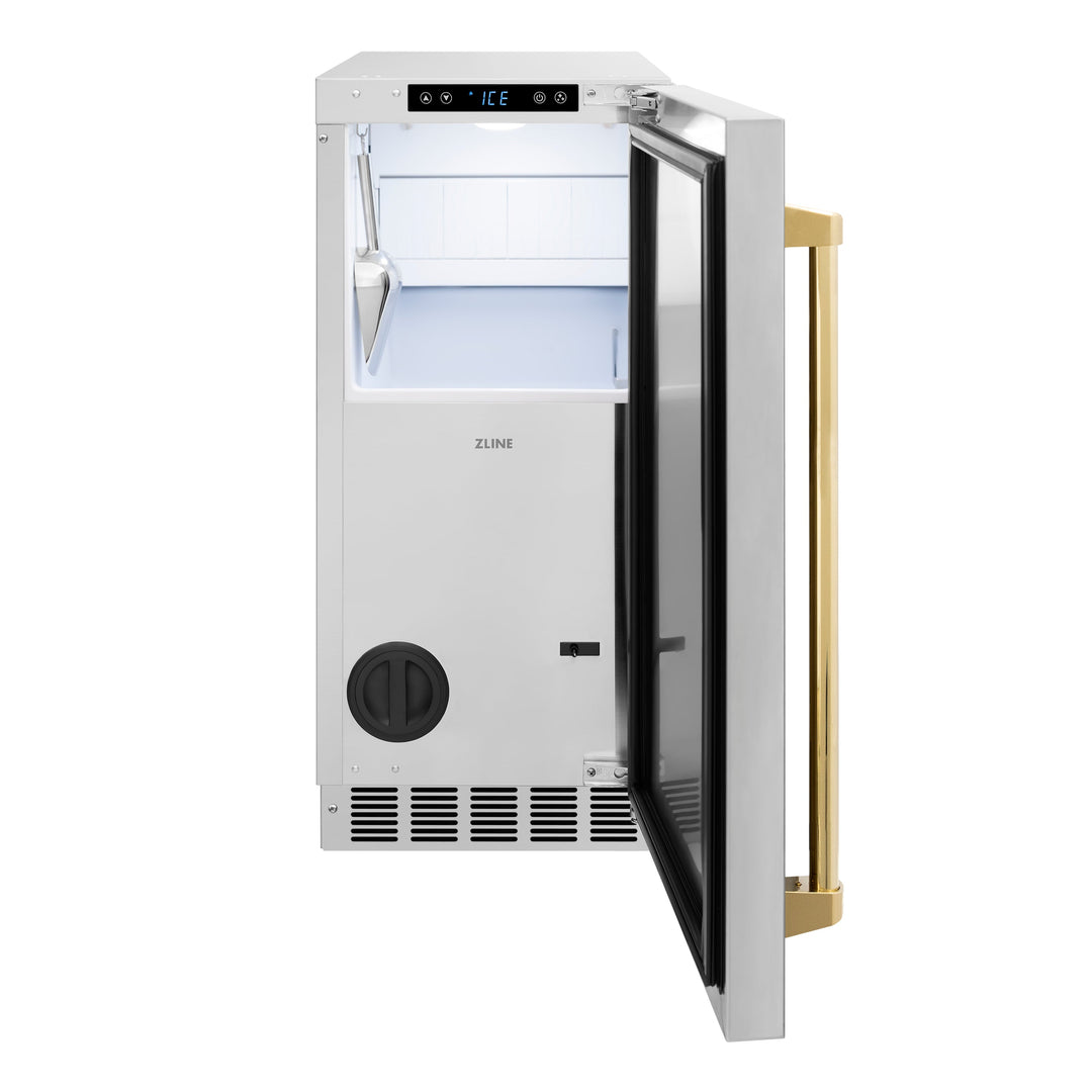 ZLINE Autograph 15" Touchstone Gourmet Ice Maker with Drain Pump and Solid Stainless Steel Door with Polished Gold Handle, IGMDZ-ST-15-G