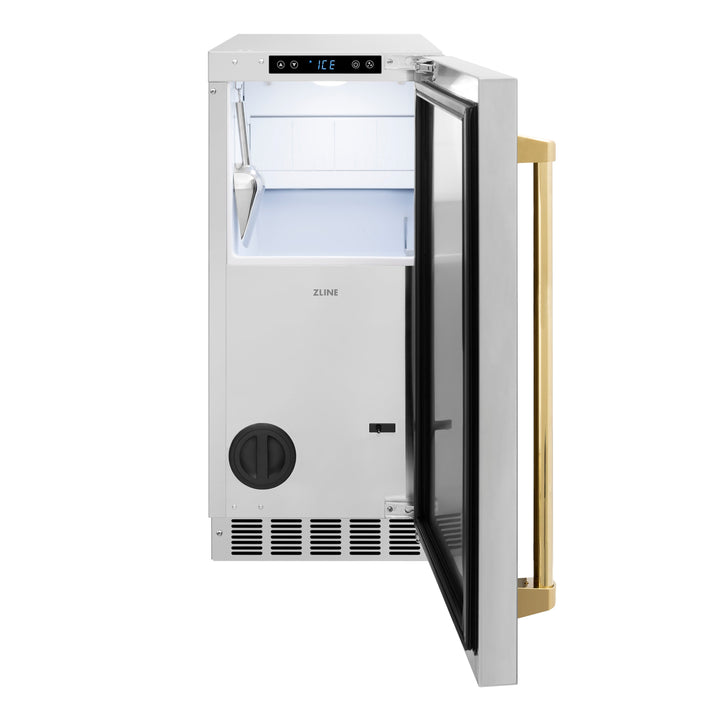 ZLINE Autograph 15" Touchstone Gourmet Ice Maker with Drain Pump and Solid Stainless Steel Door with Polished Gold Handle, IGMDZ-ST-15-G