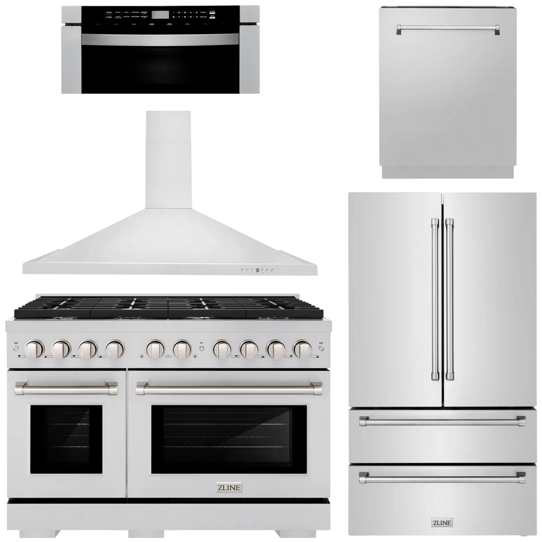 ZLINE Appliance Package - 48" Dual Fuel Range, Range Hood, 36" Refrigerator with Ice Maker, 24" Microwave Drawer and Dishwasher in Stainless Steel