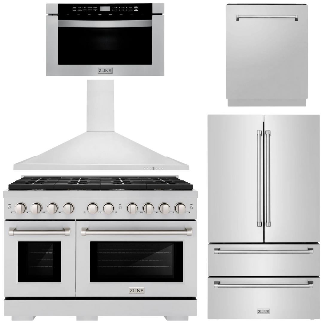 ZLINE Appliance Package - 48" Dual Fuel Range, Range Hood, 36" Refrigerator with Water/Ice Dispenser, 24" Microwave Drawer and Dishwasher in Stainless Steel