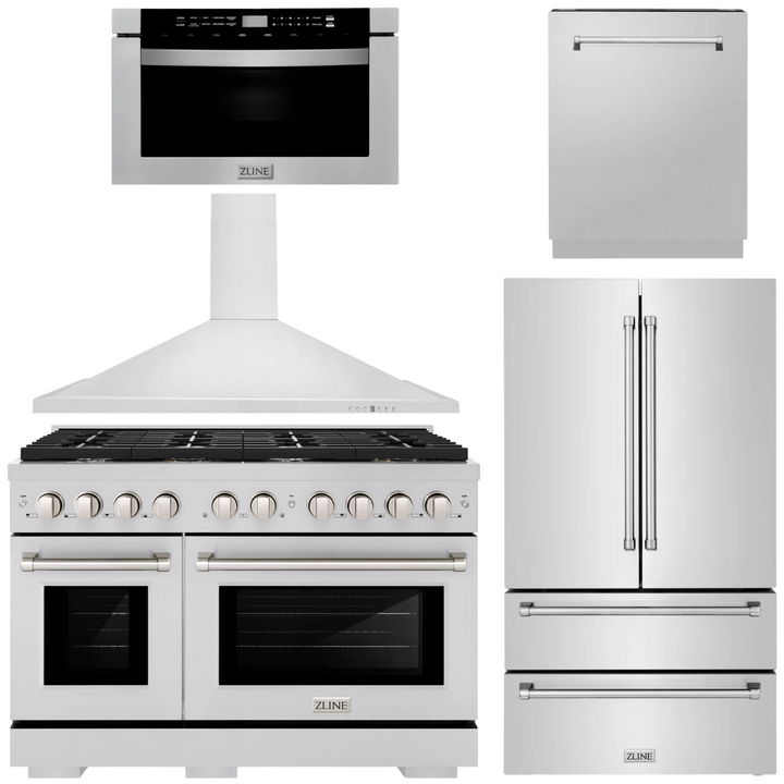 ZLINE Appliance Package - 48" Dual Fuel Range, Range Hood, 36" Refrigerator with Water/Ice Dispenser, 24" Microwave Drawer and Dishwasher in Stainless Steel