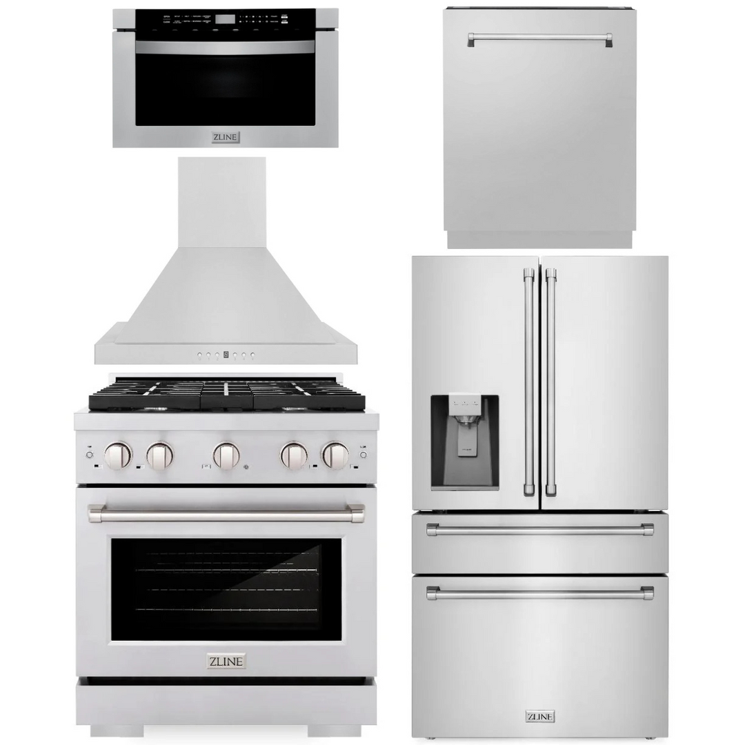 ZLINE Appliance Package - 30" Dual Fuel Range, Range Hood, 36" Refrigerator with Water/Ice Dispenser, 24" Microwave Drawer and Dishwasher in Stainless Steel