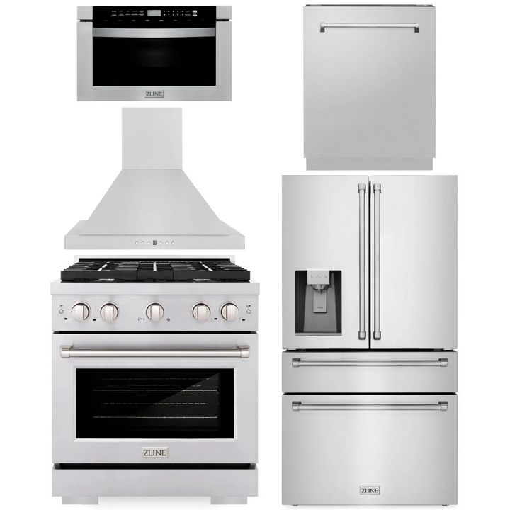 ZLINE Appliance Package - 30" Dual Fuel Range, Range Hood, 36" Refrigerator with Water/Ice Dispenser, 24" Microwave Drawer and Dishwasher in Stainless Steel