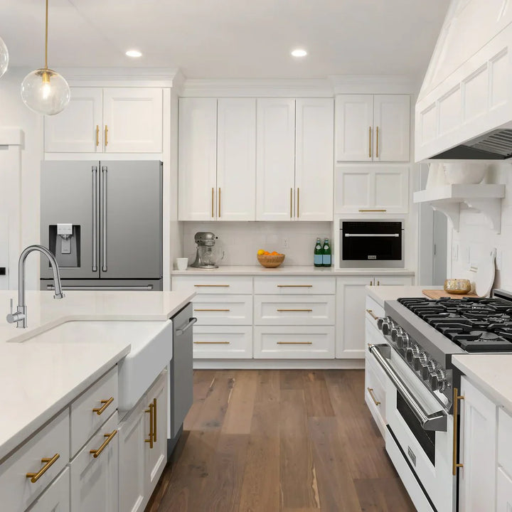 ZLINE Appliance Package - 30" Dual Fuel Range, Range Hood, 36" Refrigerator with Water/Ice Dispenser, 24" Microwave Drawer and Dishwasher in Stainless Steel