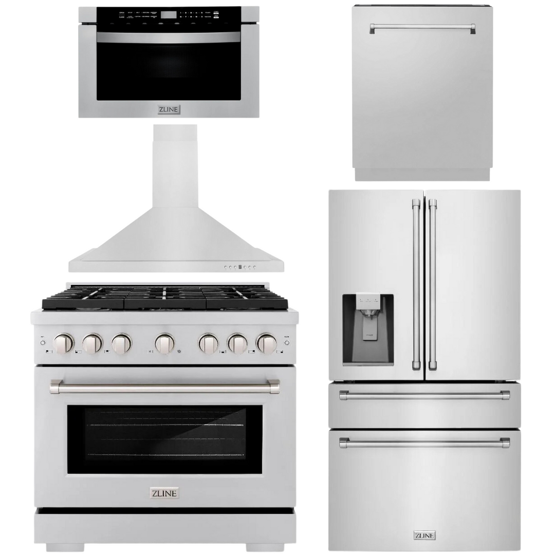 ZLINE Appliance Package - 36" Dual Fuel Range, Range Hood, 36" Refrigerator with Water/Ice Dispenser, 24" Microwave Drawer and Dishwasher in Stainless Steel