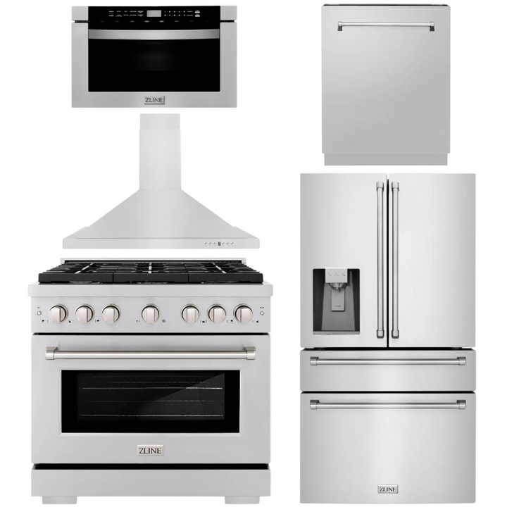ZLINE Appliance Package - 36" Dual Fuel Range, Range Hood, 36" Refrigerator with Water/Ice Dispenser, 24" Microwave Drawer and Dishwasher in Stainless Steel