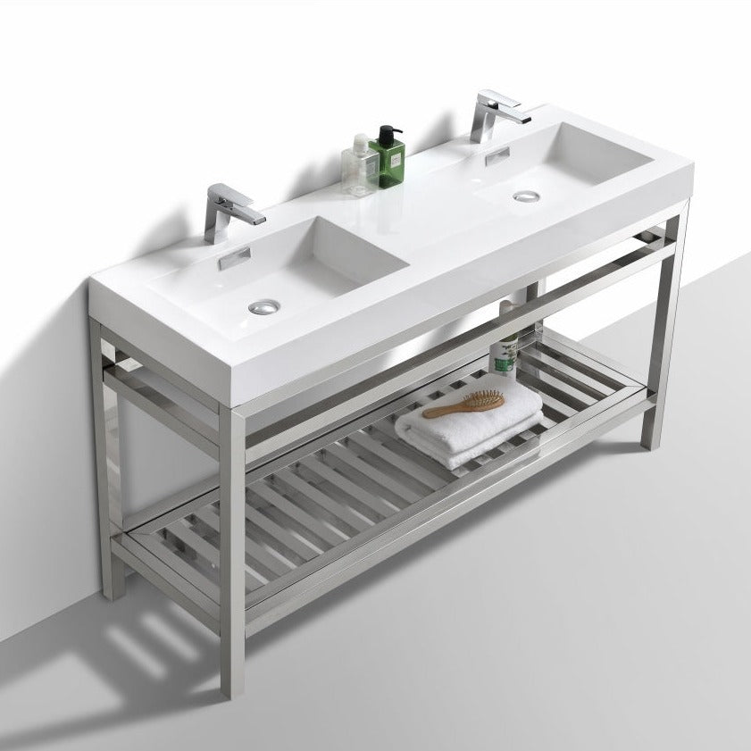 KubeBath Cisco 60" Double Sink Stainless Steel Console with Acrylic Sink - Chrome AC60D