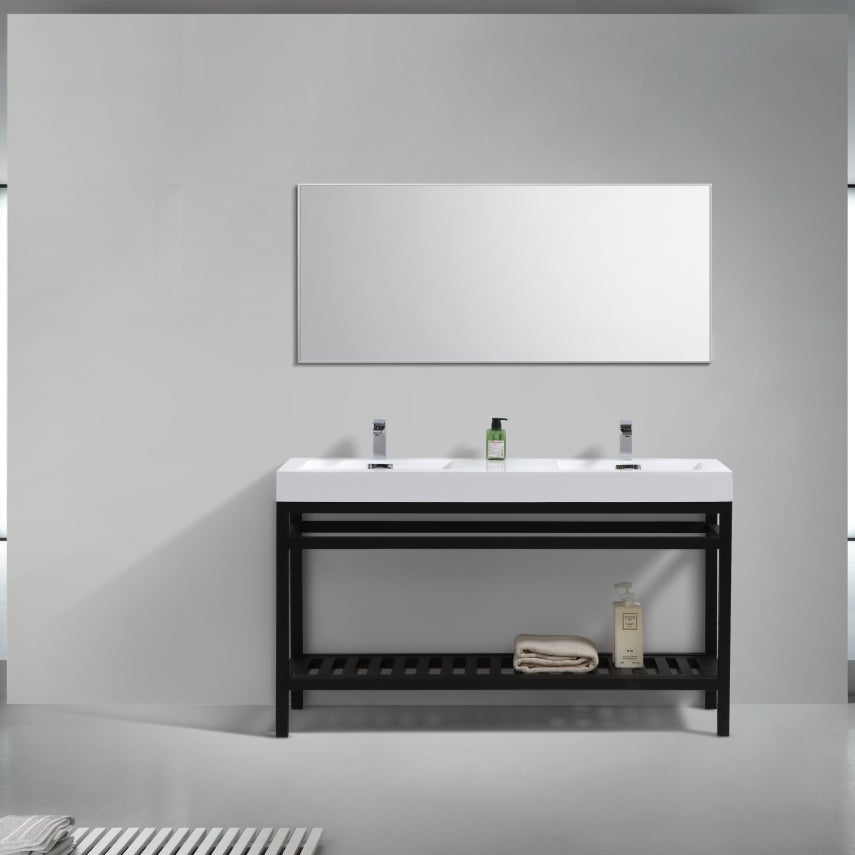 KubeBath Cisco 60" Double Sink Stainless Steel Console with Acrylic Sink - Matt Black AC60D-BK