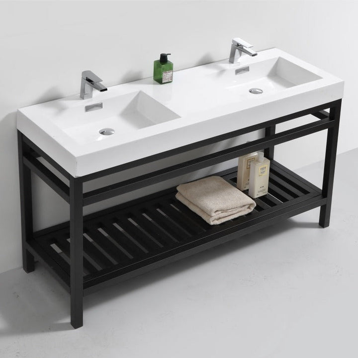 KubeBath Cisco 60" Double Sink Stainless Steel Console with Acrylic Sink - Matt Black AC60D-BK