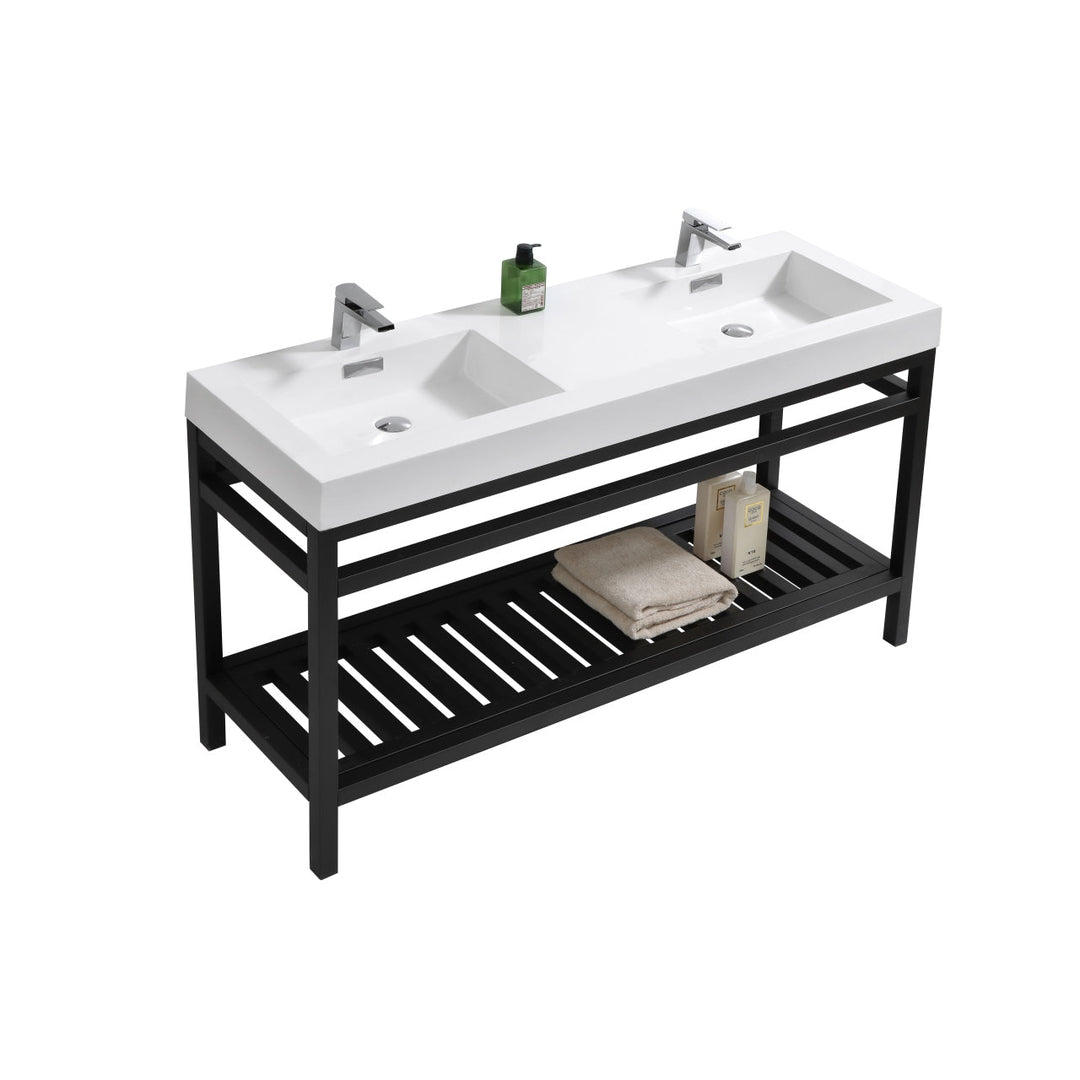 KubeBath Cisco 60" Double Sink Stainless Steel Console with Acrylic Sink - Matt Black AC60D-BK