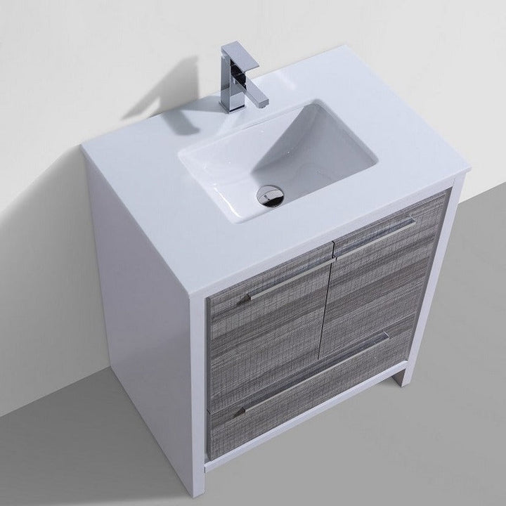 KubeBath Dolce 30″ Ash Gray Modern Bathroom Vanity with White Quartz Counter-Top AD630HG
