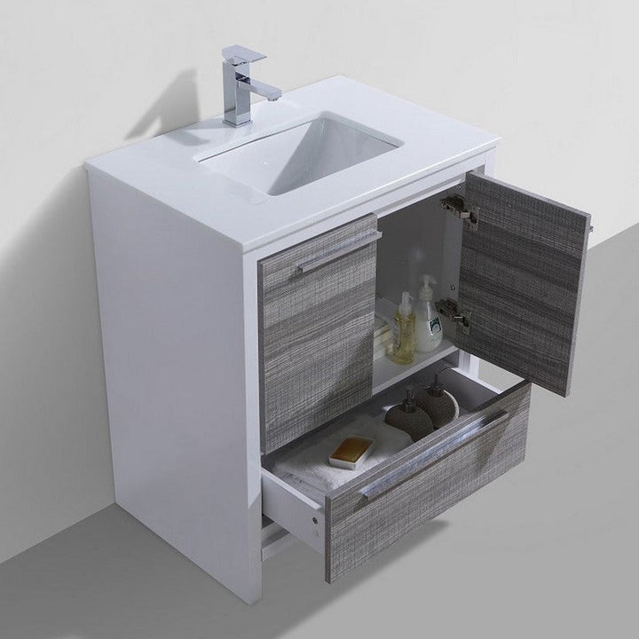 KubeBath Dolce 30″ Ash Gray Modern Bathroom Vanity with White Quartz Counter-Top AD630HG