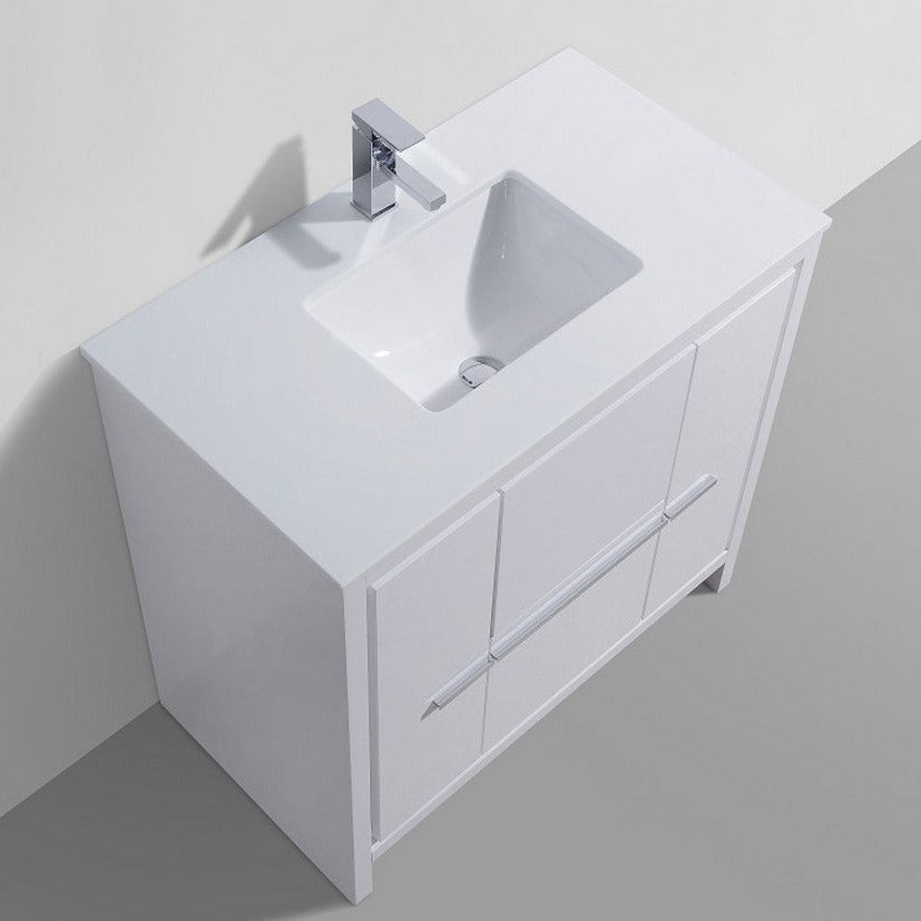 KubeBath Dolce 36″ High Gloss White Modern Bathroom Vanity with White Quartz Counter-Top AD636GW