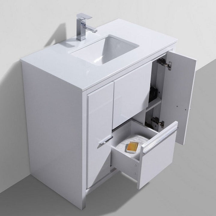 KubeBath Dolce 36″ High Gloss White Modern Bathroom Vanity with White Quartz Counter-Top AD636GW