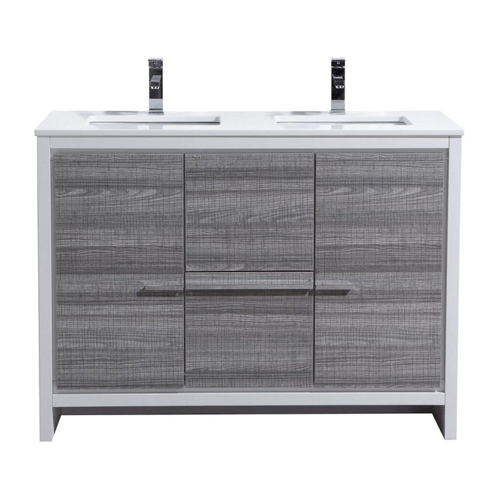 KubeBath Dolce 48″ Double Sink Ash Gray Modern Bathroom Vanity with White Quartz Counter-Top AD648DHG