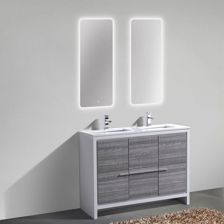 KubeBath Dolce 48″ Double Sink Ash Gray Modern Bathroom Vanity with White Quartz Counter-Top AD648DHG