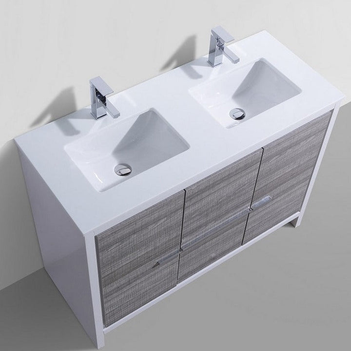KubeBath Dolce 48″ Double Sink Ash Gray Modern Bathroom Vanity with White Quartz Counter-Top AD648DHG
