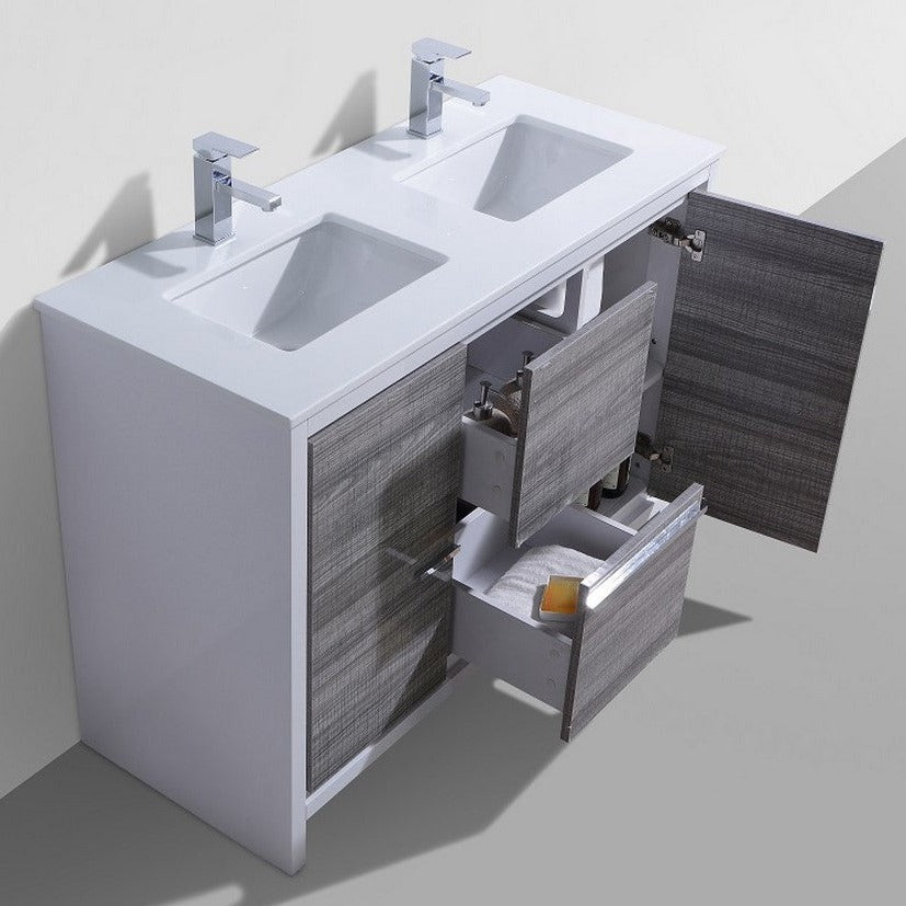 KubeBath Dolce 48″ Double Sink Ash Gray Modern Bathroom Vanity with White Quartz Counter-Top AD648DHG