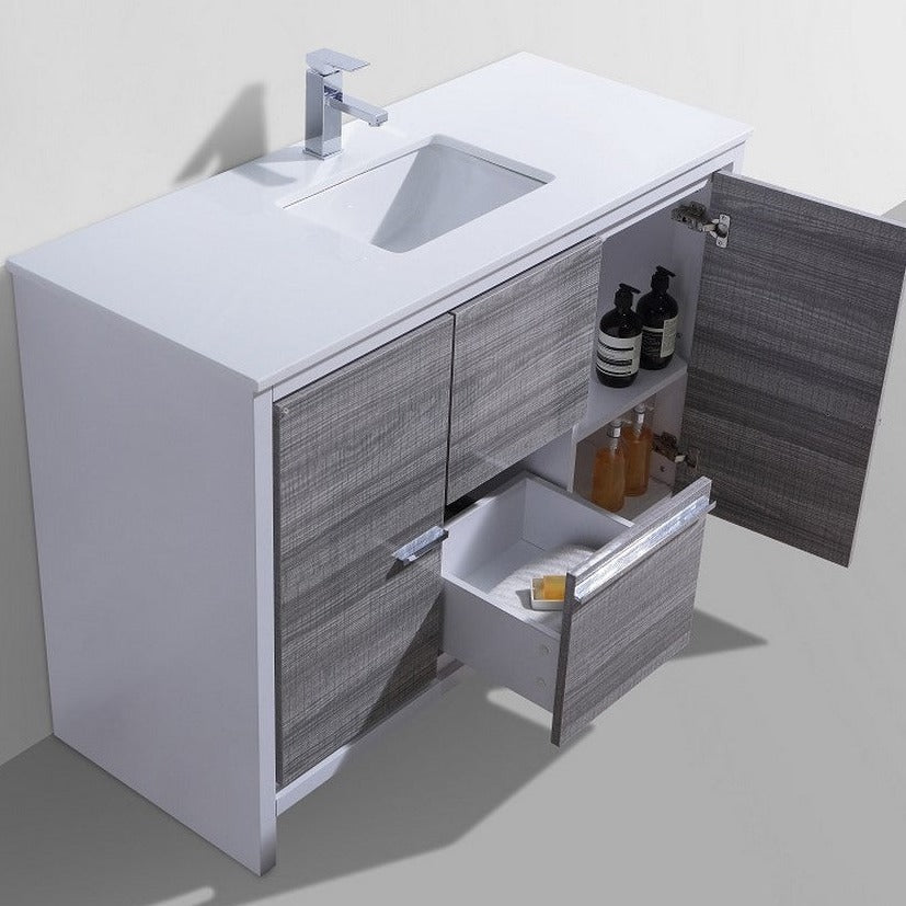 KubeBath Dolce 48″ Ash Gray Modern Bathroom Vanity with White Quartz Counter-Top AD648SHG