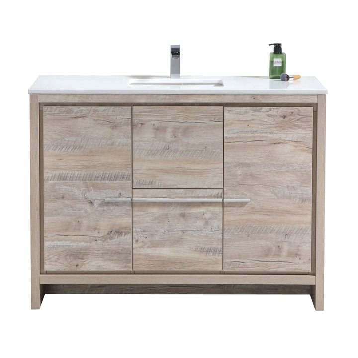 KubeBath Dolce 48″ Nature Wood Modern Bathroom Vanity with White Quartz Counter-Top AD648SNW