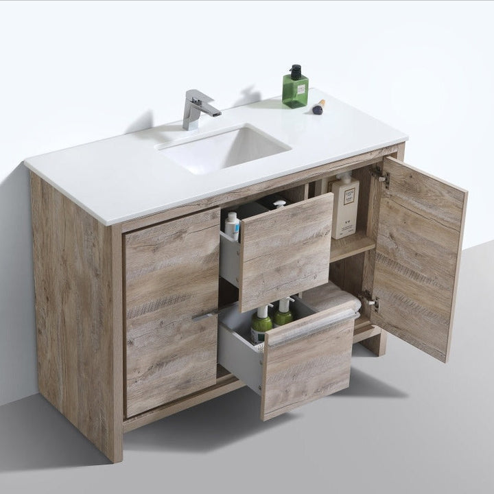 KubeBath Dolce 48″ Nature Wood Modern Bathroom Vanity with White Quartz Counter-Top AD648SNW