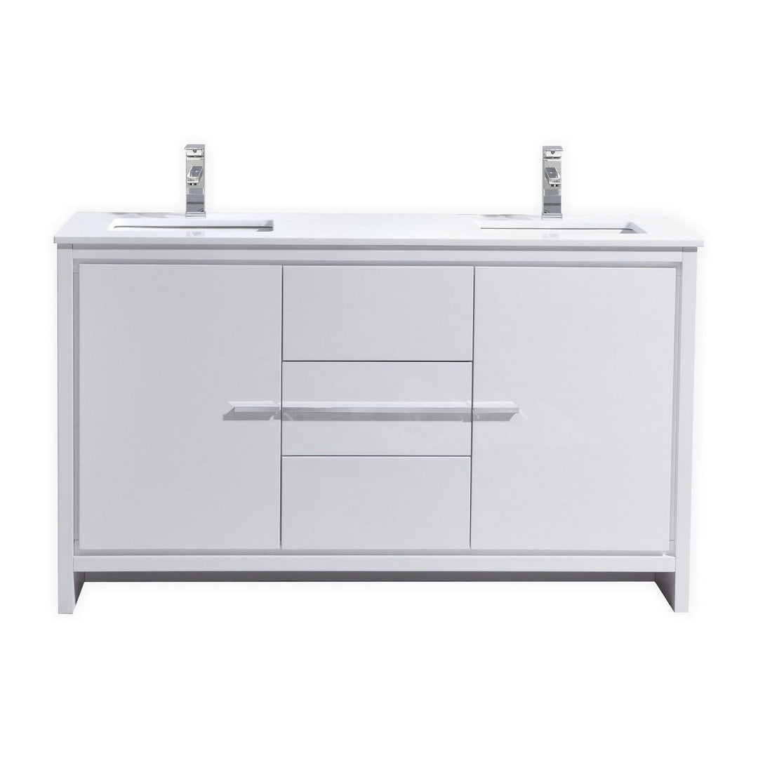 KubeBath Dolce 60″ Double Sink High Gloss White Modern Bathroom Vanity with White Quartz Counter-Top AD660DGW