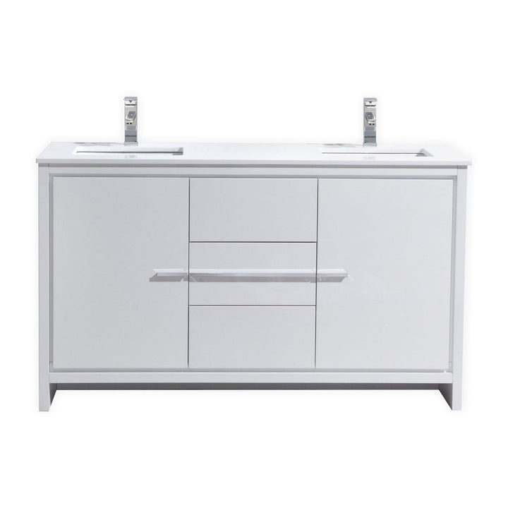 KubeBath Dolce 60″ Double Sink High Gloss White Modern Bathroom Vanity with White Quartz Counter-Top AD660DGW