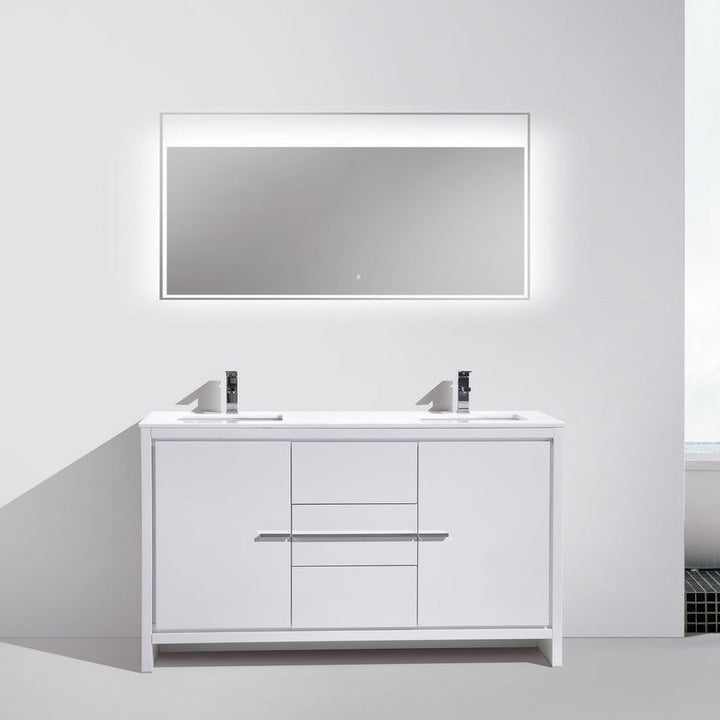 KubeBath Dolce 60″ Double Sink High Gloss White Modern Bathroom Vanity with White Quartz Counter-Top AD660DGW
