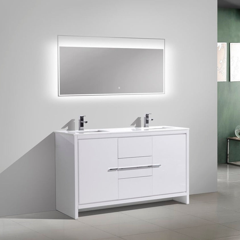 KubeBath Dolce 60″ Double Sink High Gloss White Modern Bathroom Vanity with White Quartz Counter-Top AD660DGW