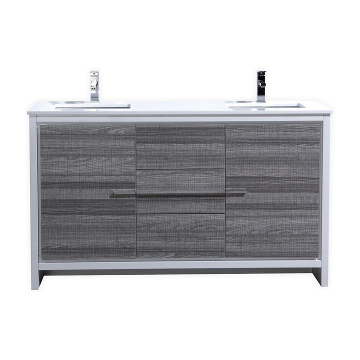 KubeBath Dolce 60″ Double Sink Ash Gray Modern Bathroom Vanity with White Quartz Counter-Top AD660DHG